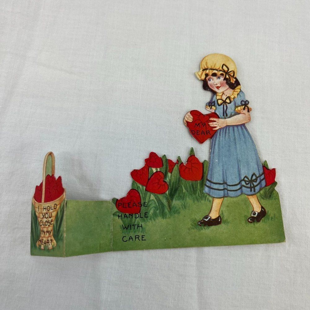 Vtg 1930s 1937 Valentine's Day Holiday Milkmaid Basket Folding Card - Picture 3 of 4